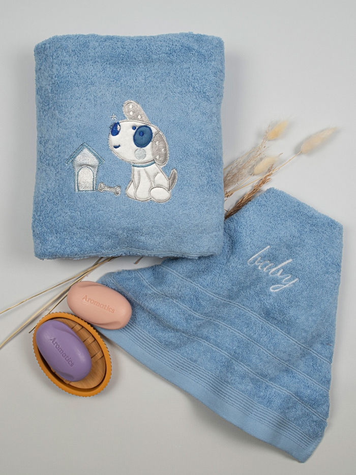 Σετ πετσέτες κεντητές Dog 07 Blue/Blue