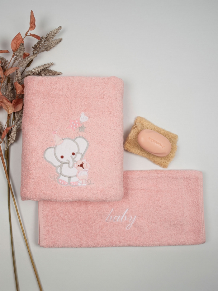 Σετ πετσέτες κεντητές Elephant 03 Pink/Pink