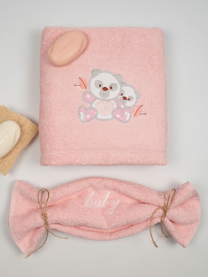 Σετ πετσέτες κεντητές Panda 02 Pink/Pink