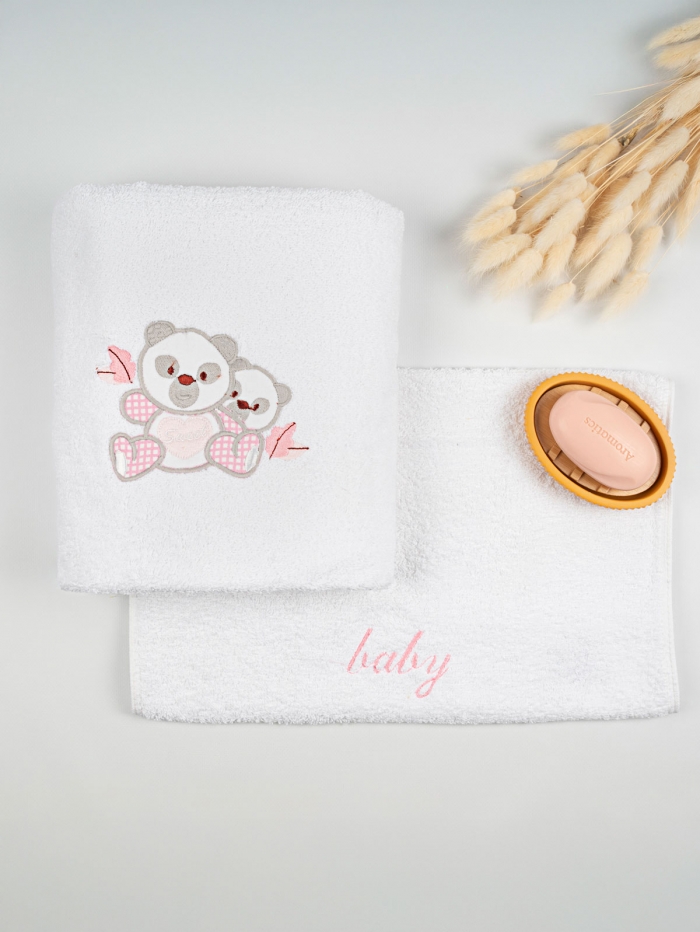 Σετ πετσέτες κεντητές Panda 02 White/Pink
